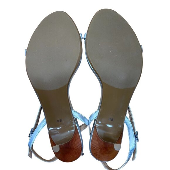 Talbots Silver Open Toe Slingback T-Strap Size 9B Strappy Heel Sandal Party Brun - Picture 5 of 7